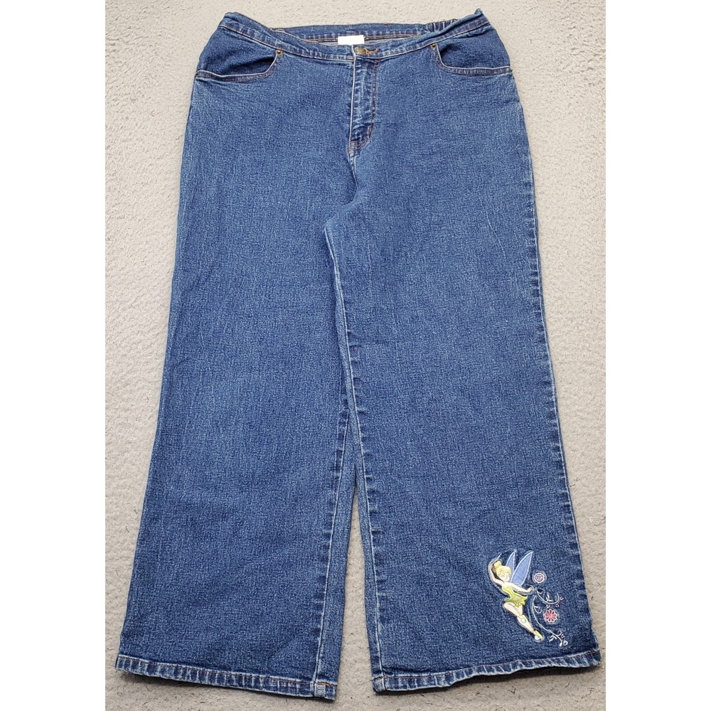 Vtg Disney Jeans Womens Medium Blue Tinkerbell Embroidered Streetwear Wide Leg